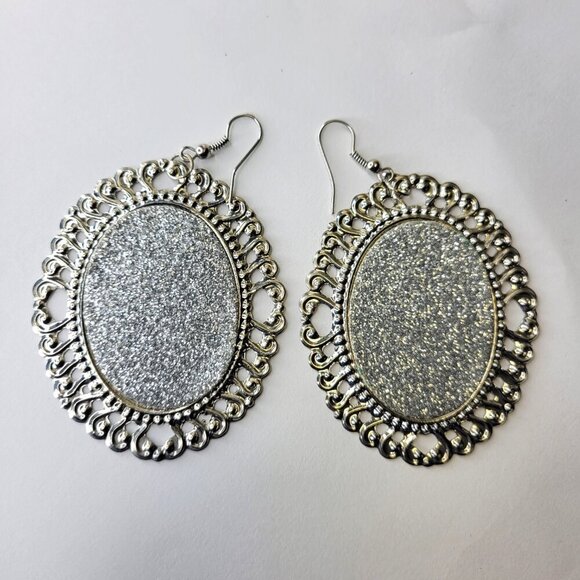 Silver Glitter Oval Earrings Gold Filigree Oval Earrings Large Glitter Earrings - Picture 2 of 5